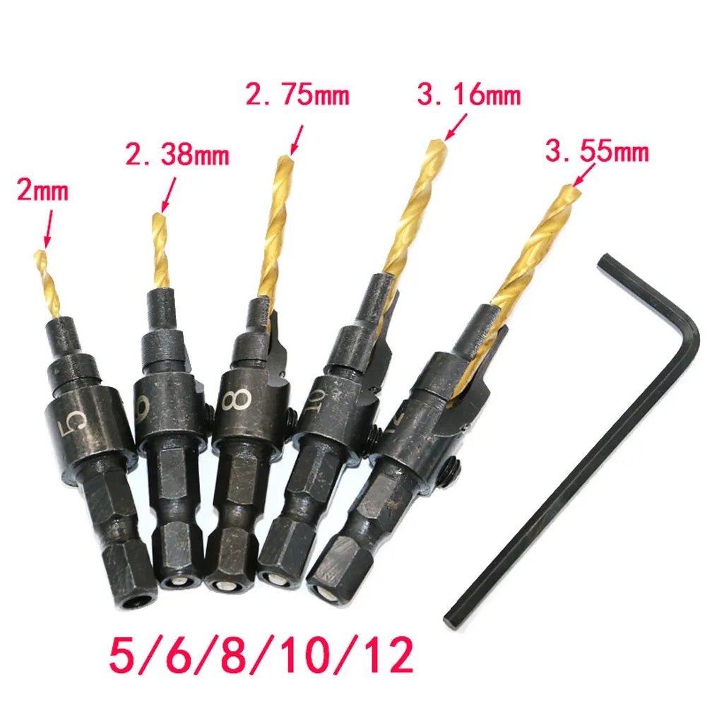 5Pcs HSS Woodworking Countersink Drill Bit Set 1/4 Hex Shank Tapered Counterbore Sink Bits joint drilling machine