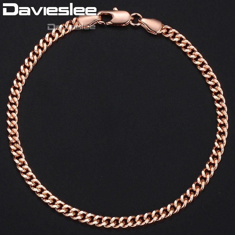

Bracelets for Women 585 Rose Gold Filled Curb Cuban Link Womens Bracelet Chain Davieslee Fashion Jewelry Gift 4mm 18-20cm DGB432