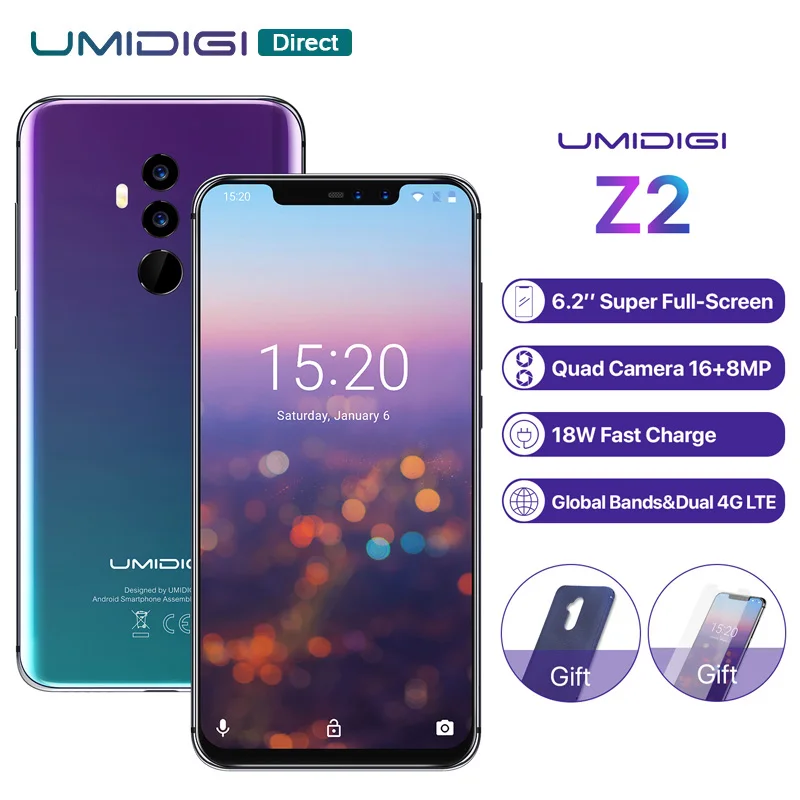 UMIDIGI Z2 глобальная версия Android 8,1 6," FHD+ полный дисплей Helio P23 6 ГБ+ 64 Гб Двойная камера 16 Мп+ 8 Мп 3850 мАч Face ID 4G смартфон