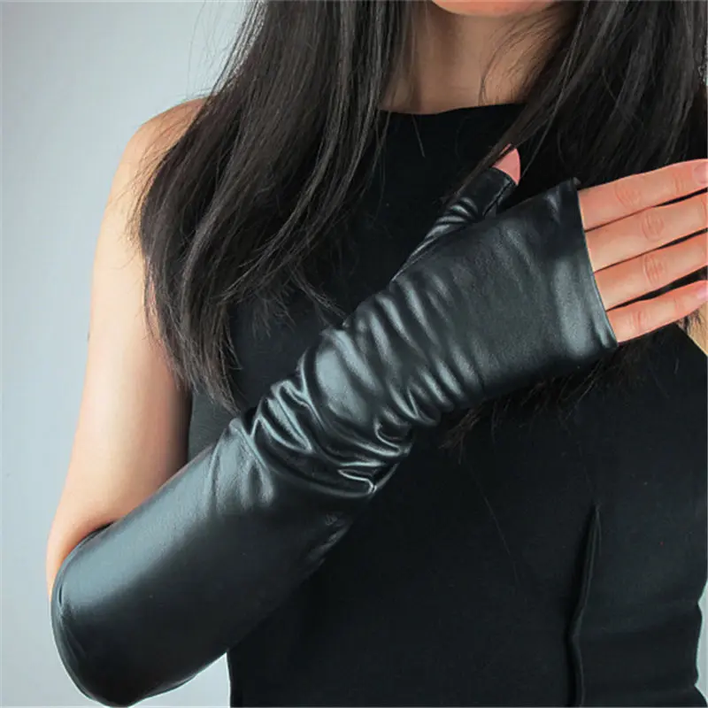 

Genuine Leather Long Style Woman Gloves Semi-Finger Fingerless 40cm Pure Sheepskin Black With Lined Female Mittens TB100