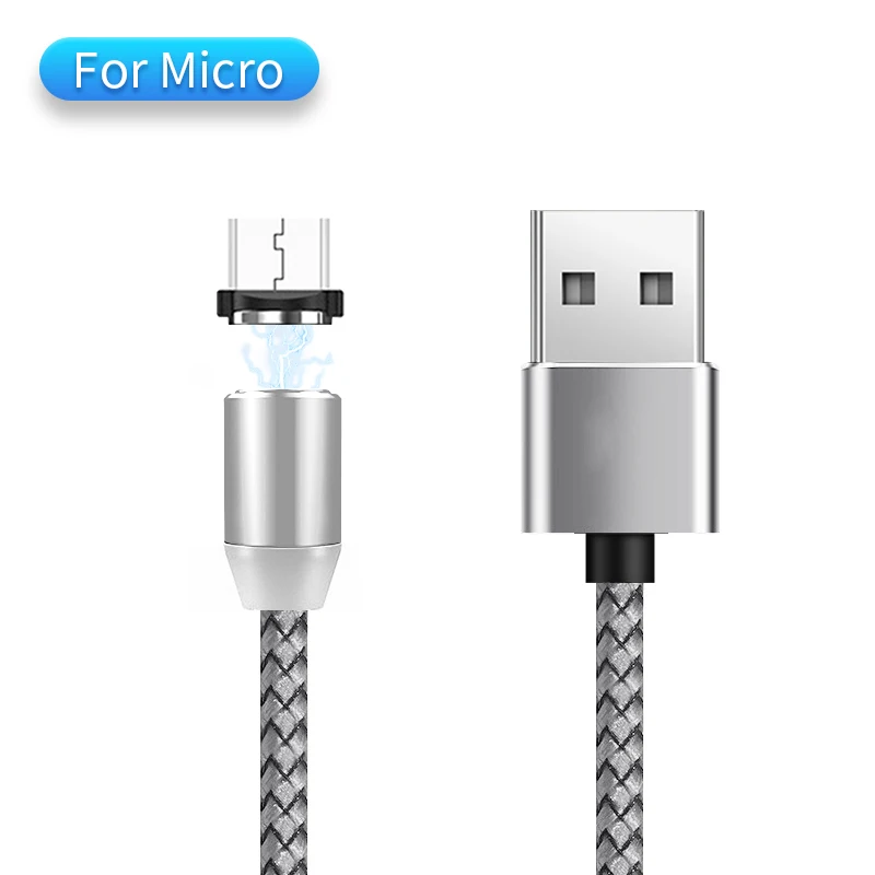 Hadinas зарядный Магнитный кабель светодиодный Micro usb type C магнитное зарядное устройство, кабель для iPhone X 8 6 7 Xs samsung Xiaomi провод мобильного телефона - Цвет: For Micro USB Silver