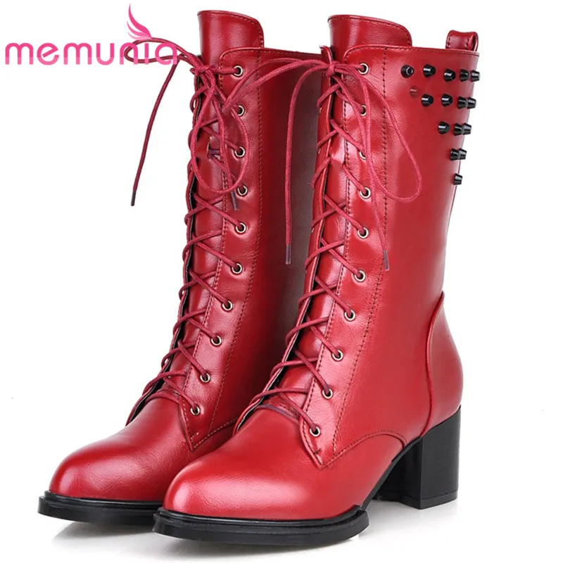 

MEMUNIA 2018 Fashion boots for women ankle boots in spring autumn high heels shoes woman motorcycle boots lace-up rivets PU