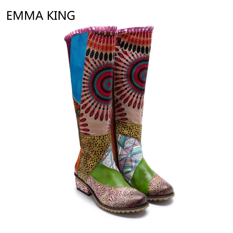 

2018 New Casual Retro National Style Leather Women Boots Winter Hand-painted Colorful Stitching High Knees Boots With Heels 4cm