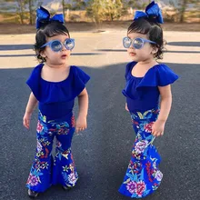 Однотонные топы с открытыми плечами для маленьких девочек+ штаны с цветочным принтом+ повязка на голову; одежда для малышей; Одежда для девочек; roupa infantil