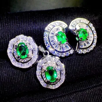 شراءطقم مجوهرات الزمرد الطبيعية والحقيقية الطبيعية ريال الزمرد 925 فضة 1 قطعة قلادة ، 1 قطعة خاتم ، 2 قطعة القرط