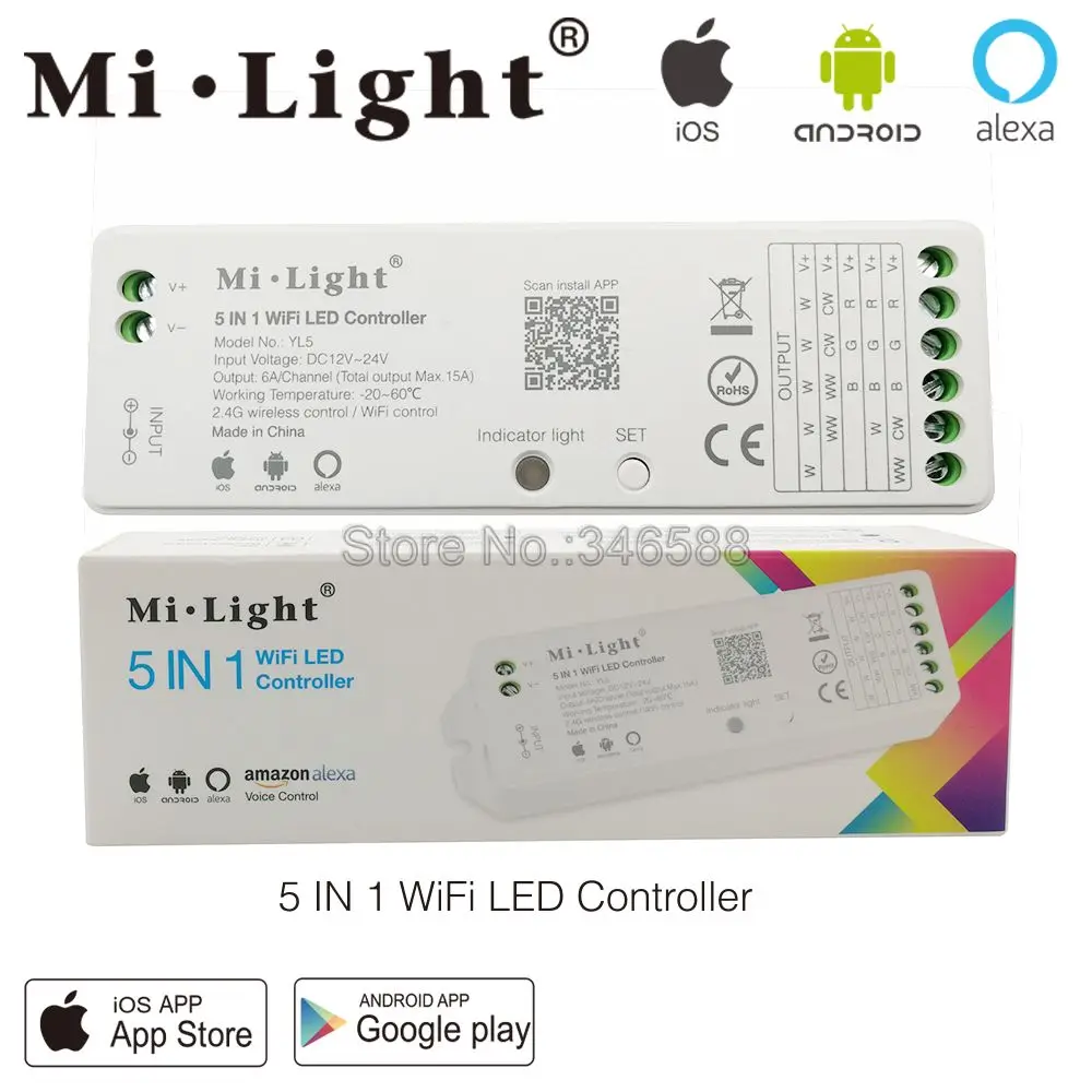 Milight YL5 2,4 г 15A 5 в 1 Wi-Fi светодиодный контроллер для одного Цвет, ЧМТ, RGB, RGBW, RGB + CCT Светодиодные ленты, Поддержка Amazon Alexa голос