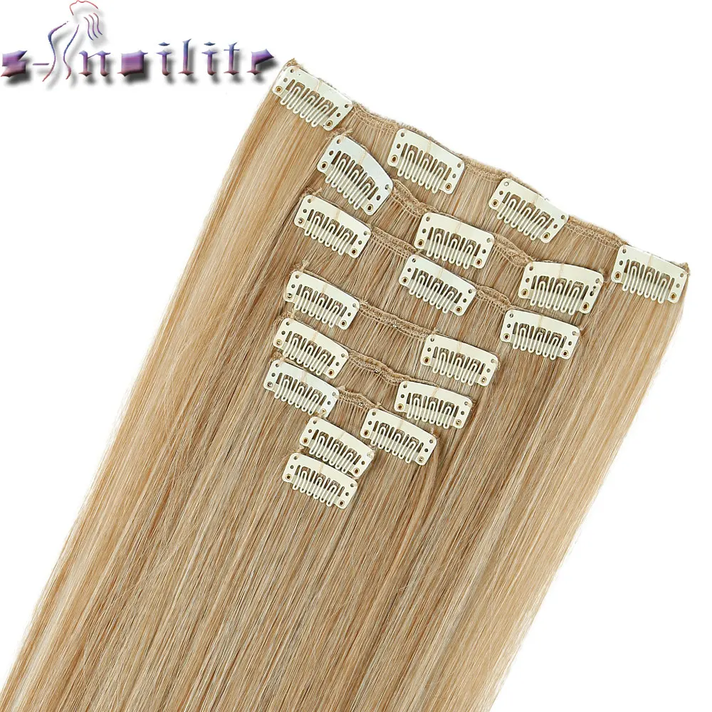 

s-noilite 8PCS/SET 24inch Long Striaght 17Color synthetic Clip in Hair Black Brown wine red auburn set clip hairpiece for women