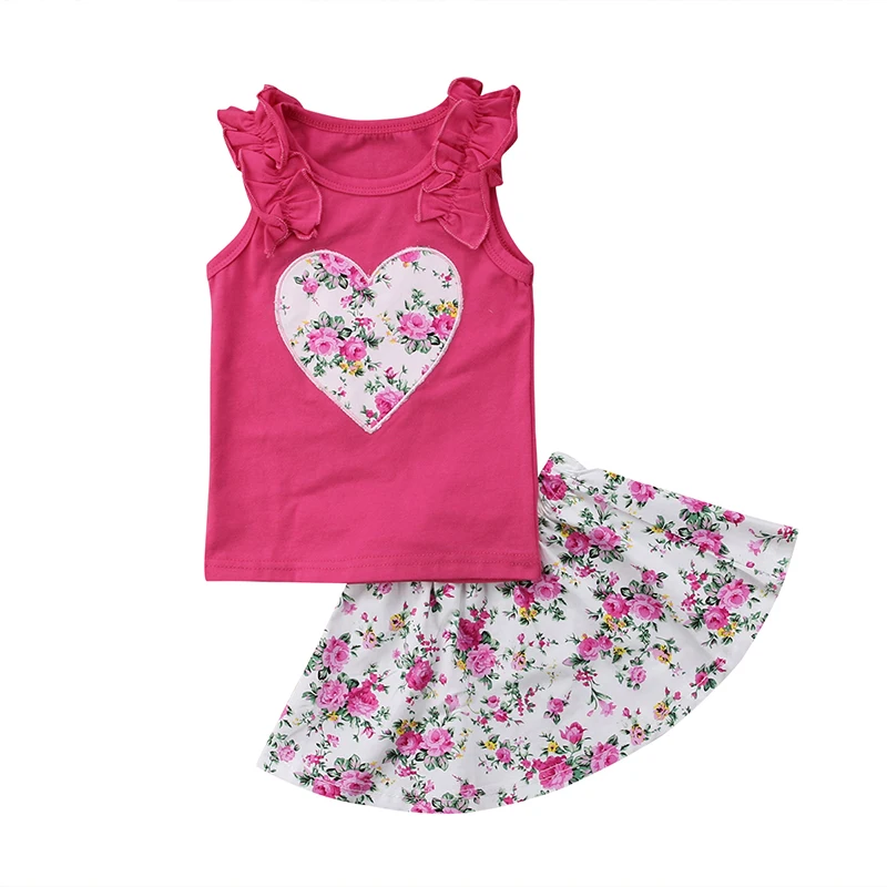 

Summer Newborn Toddler Kids Baby Girl Clothes Floral Heart Vest Tops+Flower Skirt 2PCS Outfits Clothing Set