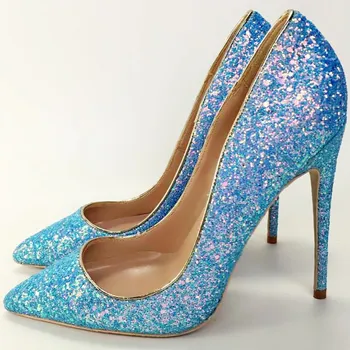 

Keshangjia Free shipping blue glitter shiny hot sale shoes woman lady 12cm 10cm 8cm high heel shoes pump size 34-44
