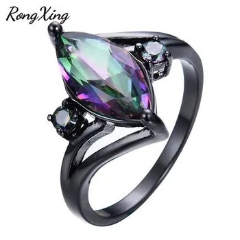 

RongXing Mystic Rainbow Zircon Rings Women Birthday Gift Vintage Black Gold Filled November Birthstone Wedding Ring RB1300
