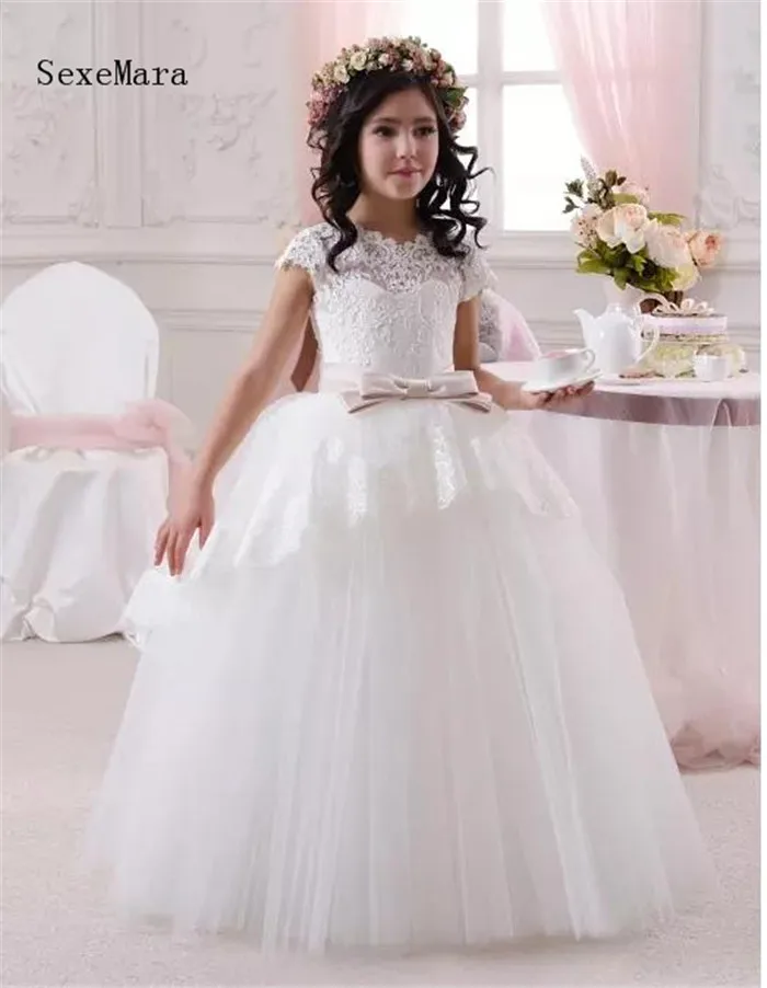 White Lace Top Cute Flower Girl's Dresses Crew Neck Little Cap Sleeves Ball Gown Over Wedding Princess Kids Dress grey round neck frill sleeves vest top