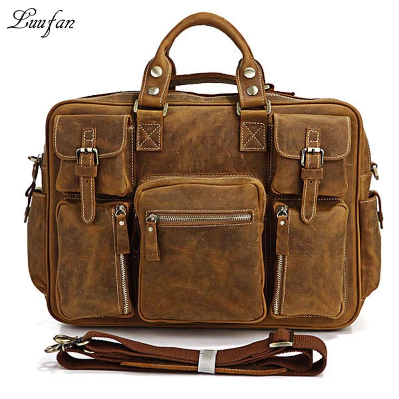 Мужской винтажный кожаный портфель crazy horse, 16 дюймов, натуральная кожа, деловая сумка из коровьей кожи, сумка-мессенджер для ноутбука, большая рабочая сумка-тоут - Цвет: brown1