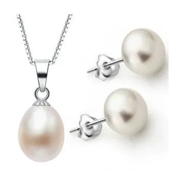 

HOT CHEAP SALE Fashion Freshwater Pearl Pendant/Stud Pearl Earrings with Silver Chain Set Jewelry Party Gift