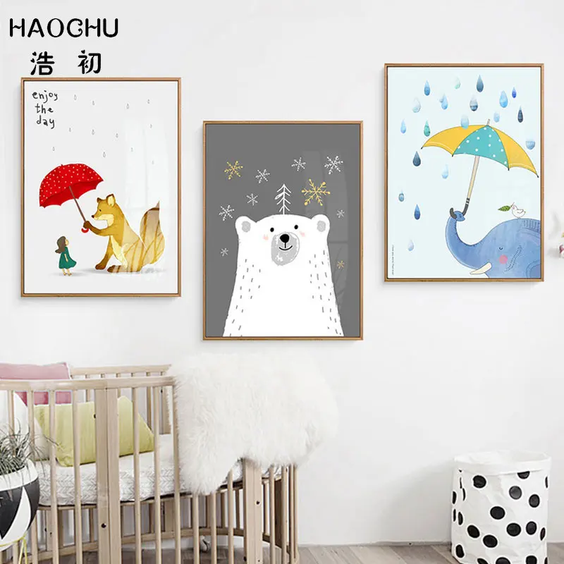 

HAOCHU Modern Scandinavian Fox Umbrella Raindrop Cute Bear Canvas Paint Child Wall Wall Stickers Art Poster Decoration Picture