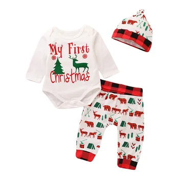 

Baby Christmas Clothes Set 3 pcs Boys Girls Romper+Hat+Pants Long Sleeve Deer Costume for Baby Kids Romper Jumpsuit White Cute