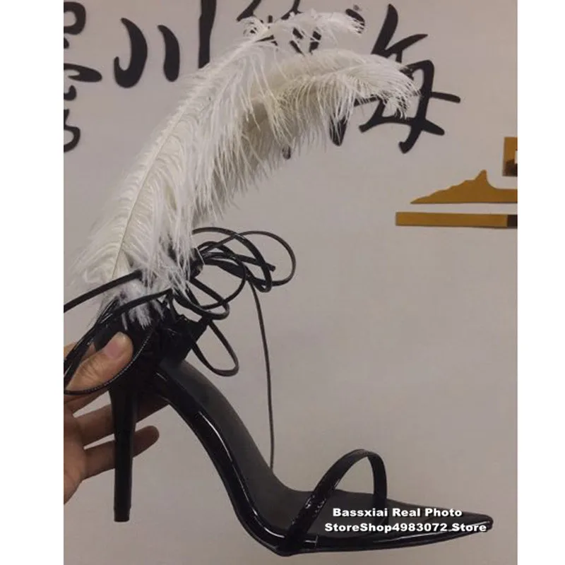 Г. черные, белые сандалии-гладиаторы с перьями женские туфли на высоком каблуке с открытым носком и перекрестными ремешками из страуса женская пикантная Свадебная обувь