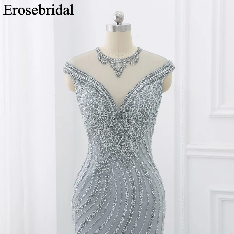 Elegant Evening Dress Long 2019 Sliver Beaded Formal Dresses Evening Gown for Women Illusion Back with Zipper robe soiree Elegant Evening Dress Long 2019 Sliver Beaded Formal Dresses Evening Gown for Women Illusion Back with Zipper robe soiree