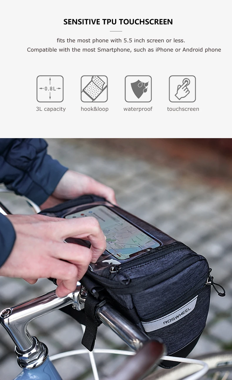 ROSWHEEL велосипедная нейлоновая непромокаемая сумка для рук Аксессуары для велосипеда велосипедная корзина велосипедная головная сумка ПВХ с сенсорным экраном бавигационные сумки