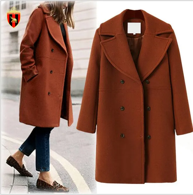RICHARDROGER Autumn Winter 2018 fashion women wool coat double breasted elegant bodycon wool cocoon long coat solid color tops Coats