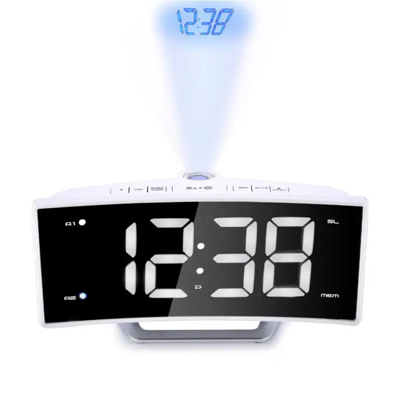 Зеркальный светодиодный цифровой электронный Часы Настольный проектор Будильник зеркало светящееся двойное кольцо FM радио зарядка мобильного телефона - Цвет: white