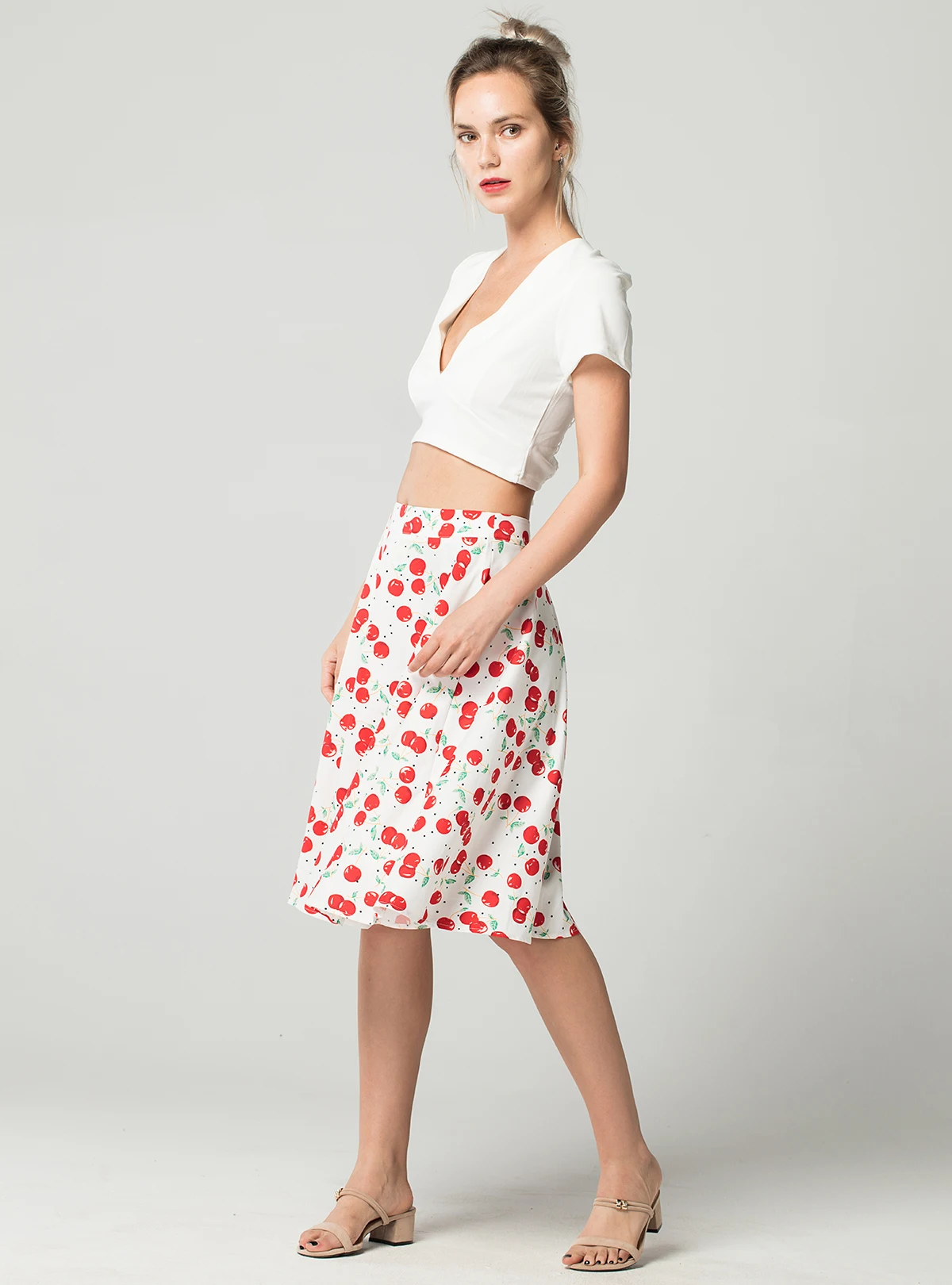 Summer Women Casual High Quality Sweet Skirt Fashion Cherry Print Streetwear Knee-Length Vintage Pleated Skirt FICUSRONG