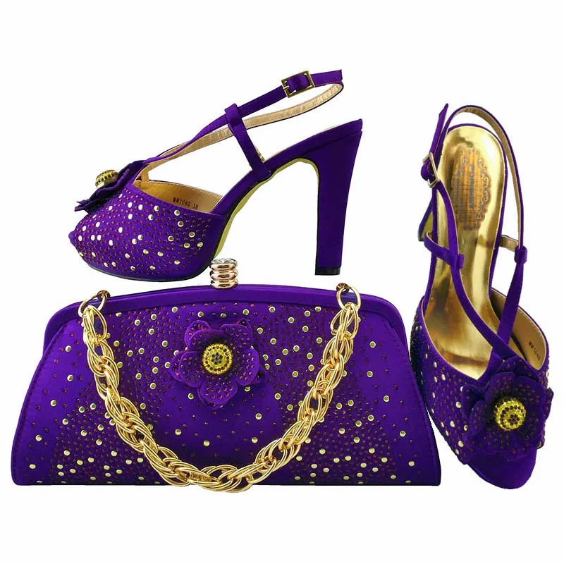 

Evening party Italian Style Shoe With Bag Set Purple for eaderly ladies High heel African Style Ladies Shoes And Bag Set