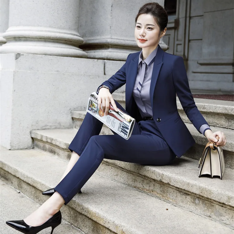 

IZICFLY New Style business Ladies Uniform pant suits for women suits office sets 2 pieces trouser suits plus size Work Wear blue