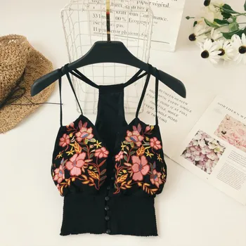 

Ladies Sexy Sling Bohemian National Wind Embroidered Flowers V-neck Tops High Waist Short Cropped Navel Strap Tops Women TTT102
