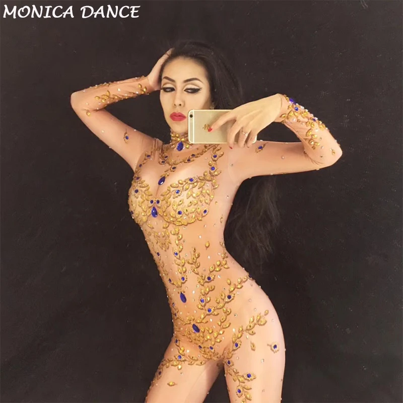 

Sexy Stage Costumes for Singer Gold Queen Sparkling Crystals Stones Jumpsuit Christmas Celebrate Nightclub Stage Bodysuit
