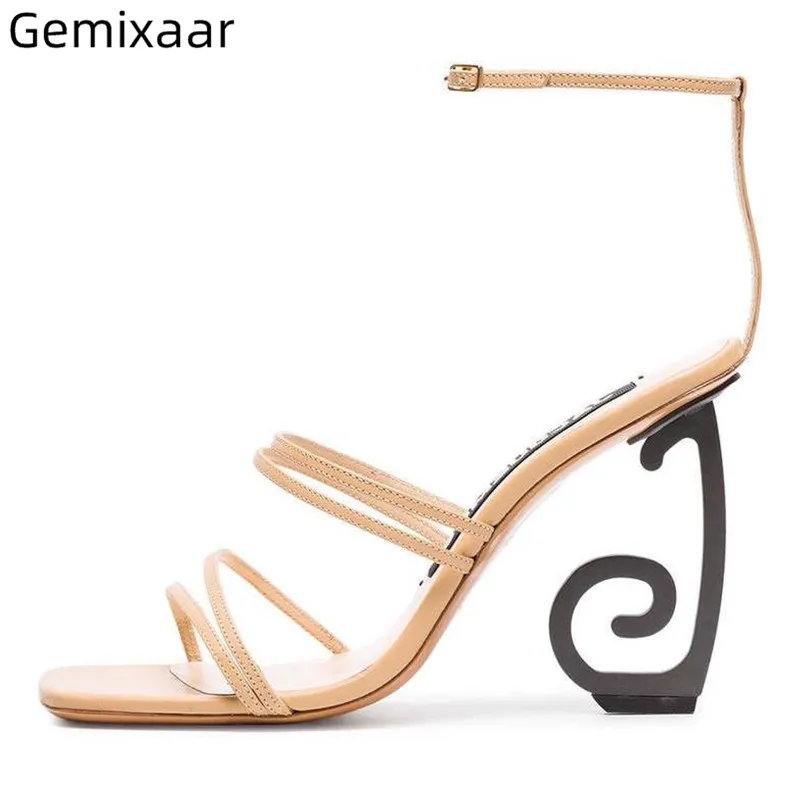 

Sexy Thin Strap Women Sandals Square Toe Unique Strange High Heel Walking Sandalias Summer Fashion Comfy Insole Sandals Woman