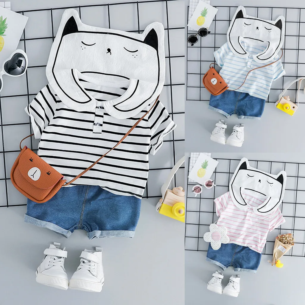 

Peridemes Cute Carters for Baby Girl Cat Stripe Costumes Summer Clothing for Kids Tops T-shirt Solid Short Pants Casual Outfits