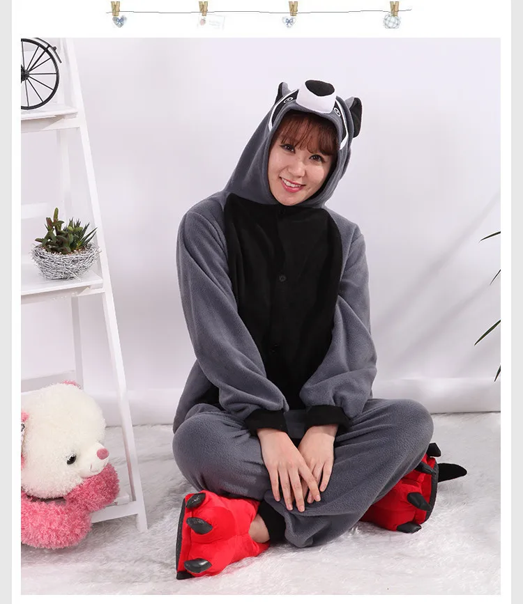 Кигуруми косплей костюм для взрослых мультфильм животных Серый Енот Onesie унисекс пижамы Косплей костюмы ночное белье комбинезон