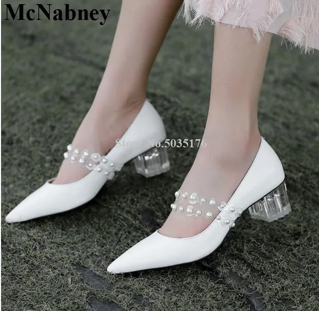 

McNabney Sweet Women Pumps Pearl Pointed Toe Slip-On Elegant Ladies Pumps Shallow Thick Heel Hoof Heel New Fashion Women Shoes