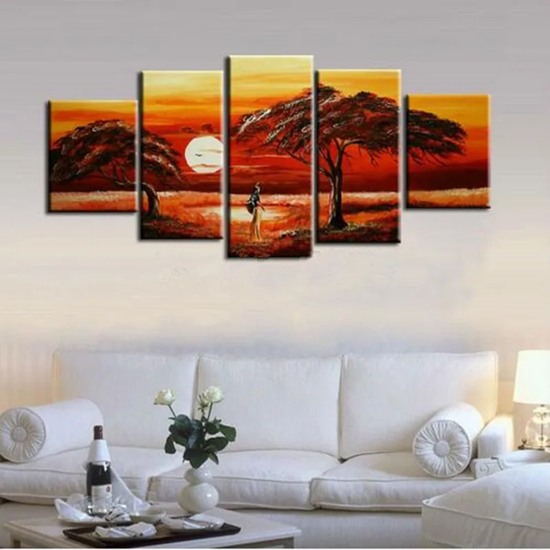 

Handpainted Natural Scenery Oil Painting On Canvas Handmade Afirca Sunset Tree Landscape Paintings Set 5 Panel Pictures Wall Art