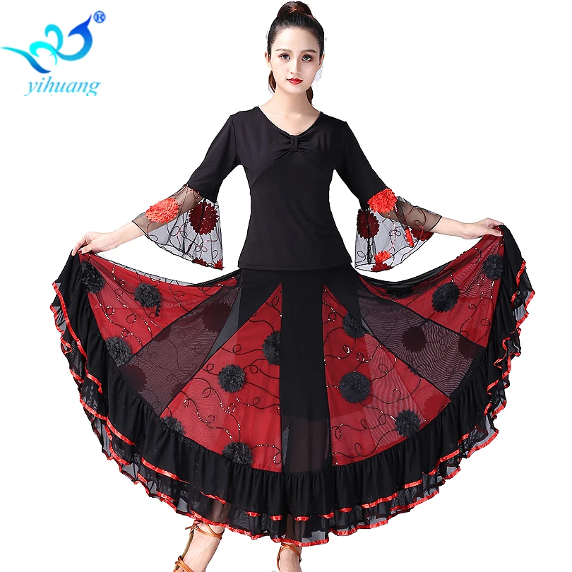 Flamenco Dance Costume Long Skirt Ballroom Tango Waltz Party Dress Performance 