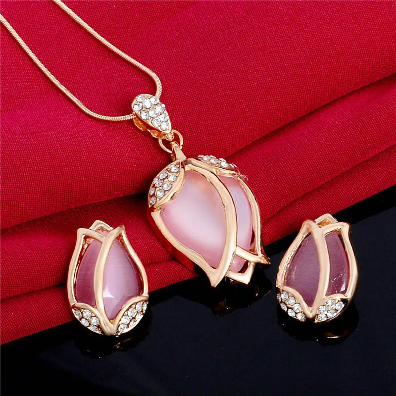 QCOOLJLY для женщин Свадебные розовый прекрасный цветок кристалл камень кошачий глаз комплекты ювелирных украшений золотой цвет кулон ожерелье серьги