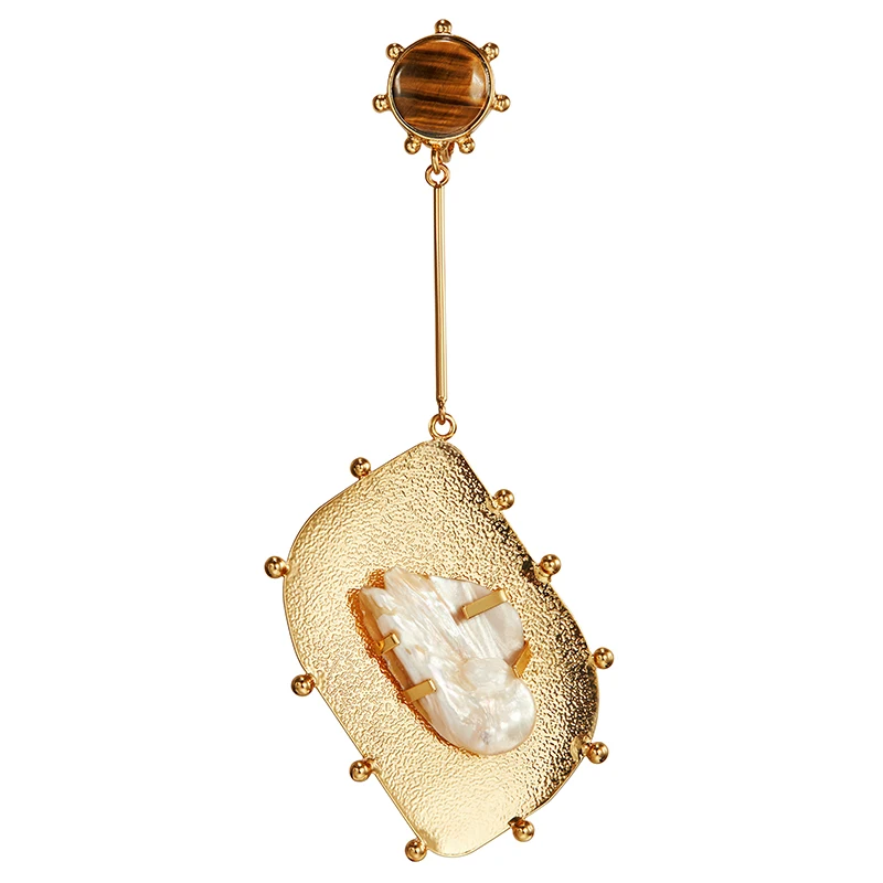 

Exaggerated big tiger eye inlaid natural freshwater pearl metal long earrings Personalized silver needle earrings female earring