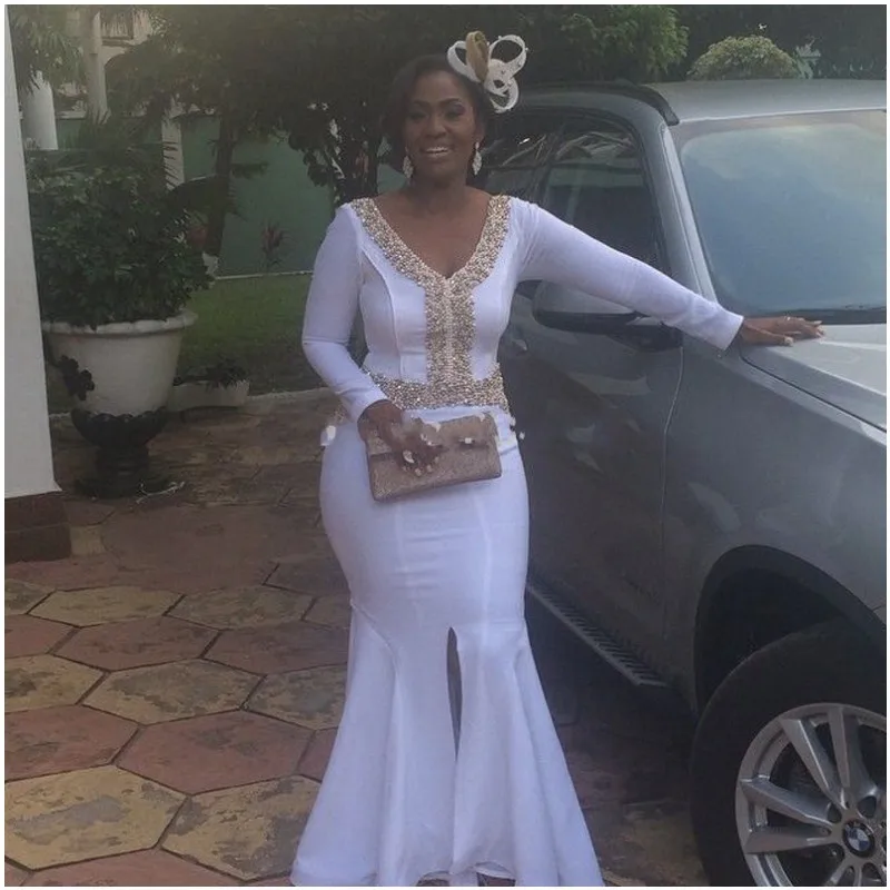 

Elegant Long Sleeves Mermaid Evening Prom Gown V-neck Front Split African Formal Dress for Wedding Party vestidos de festa