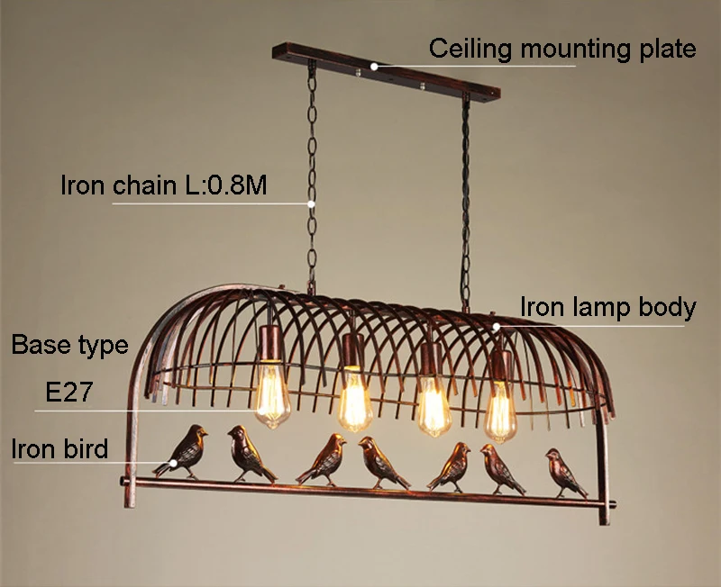 E27 винтажный железный подвесной светильник, Американский промышленный Лофт, бар, кафе, птица, Декор, подвесной светильник, Lamparas, блеск, 4 головки, птичья клетка, лампа