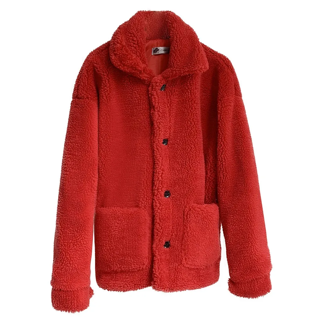 Женская куртка из искусственного меха с отворотом, длинный рукав, ветровка, зимняя, теплая, повседневная,, пальто, Casaco Feminino, пальто для девочек размера плюс, 19Jul - Цвет: Red