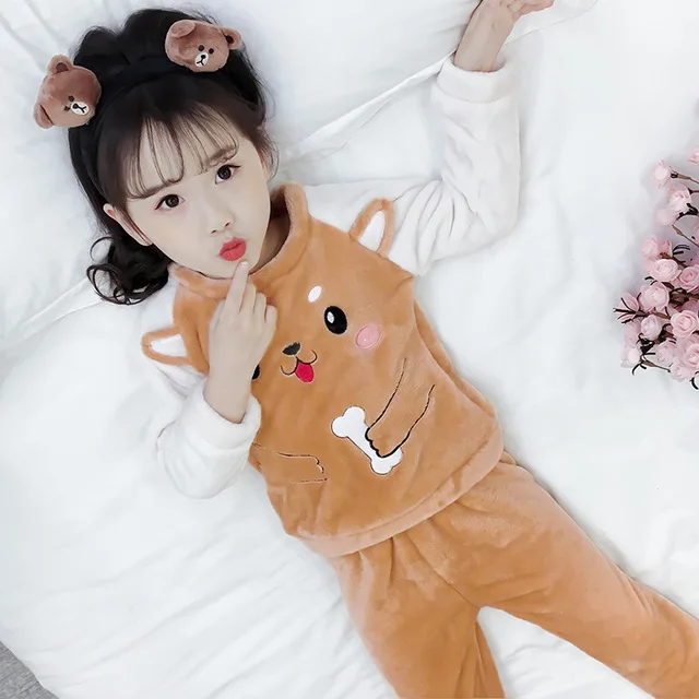 

2018 Autumn Winter new children's pajamas flannel cartoon dog puppy baby boy boy home clothes thick coral wool children two sets