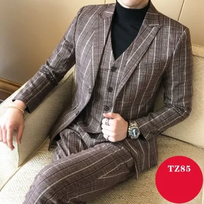 Coffee Мужской костюм облегающая полосатая одежда для свадебного торжества мужские деловые повседневные Костюмы с длинными рукавами плюс размер смокинг куртка+ брюки+ жилет - Цвет: Coffee