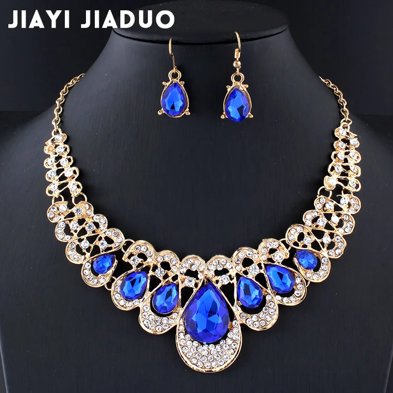 

jiayijiaduo Wedding jewelry set Navy blue crystal necklace earrings for the charm of women jewelry Gold color gift drop shpping