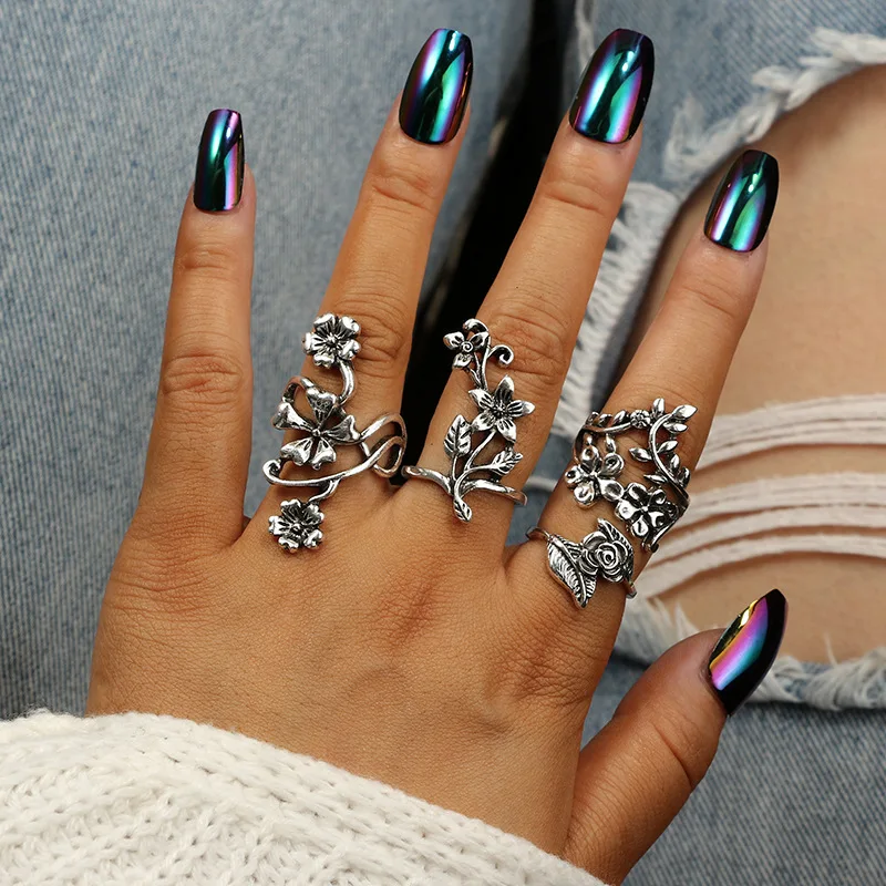 

Rinhoo 4pcs Vintage Knuckle Rings for Women Bohemia Big Flower Leaf Midi Finger Ring Set new year gift punk Jewelry