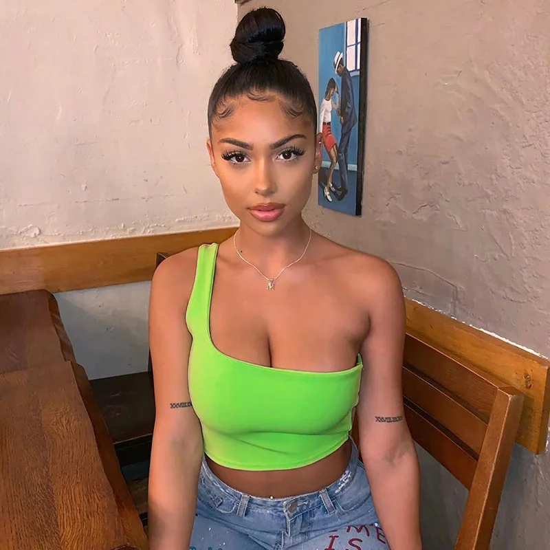 

Sexy Women One Shoulder Crop Tops Soild Color Sleeveless T Shirt Tank Top 2019 Summer Short Vest Streetwear Womens Clothing