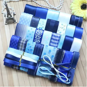 

New 36Yards Blue Gradient Series Ribbons DIY Hairpin Bowknot Hair Accessory Material Printed Satin / Grosgrain Frozen Ribbon Set