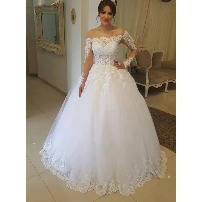 

Off The Shoulder a-line Wedding Dresses 2019 New Long Sleeve Beading Lace Applique Illusion Formal Wedding Gowns Bridal Dress