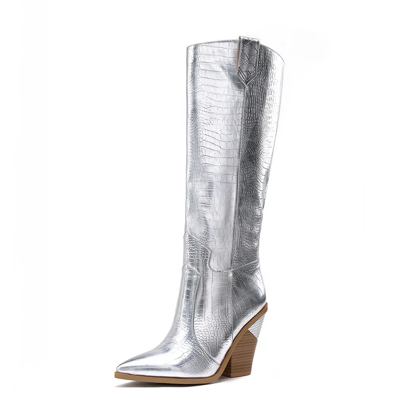 WETKISS Plus Size 46 Knee High Western Boots Women Cowboy Boot Female Pointed Toe Sexy Shoes 11 Colors High Heels Shoes Winter - Цвет: Silver