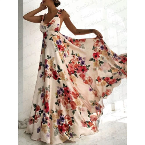 

Women Boho Long Maxi Dress Ladies Party Summer Beach Sundress Loose Sleeveless Floral Backless High Waisted Dresses