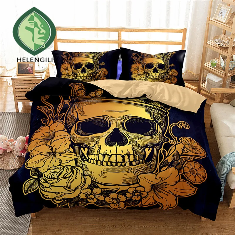 Online Juego de cama 3D HELENGILI conjunto de edredón con estampado de calavera conjunto de ropa de cama realista con funda de almohada conjunto de Textiles para el hogar #2 11